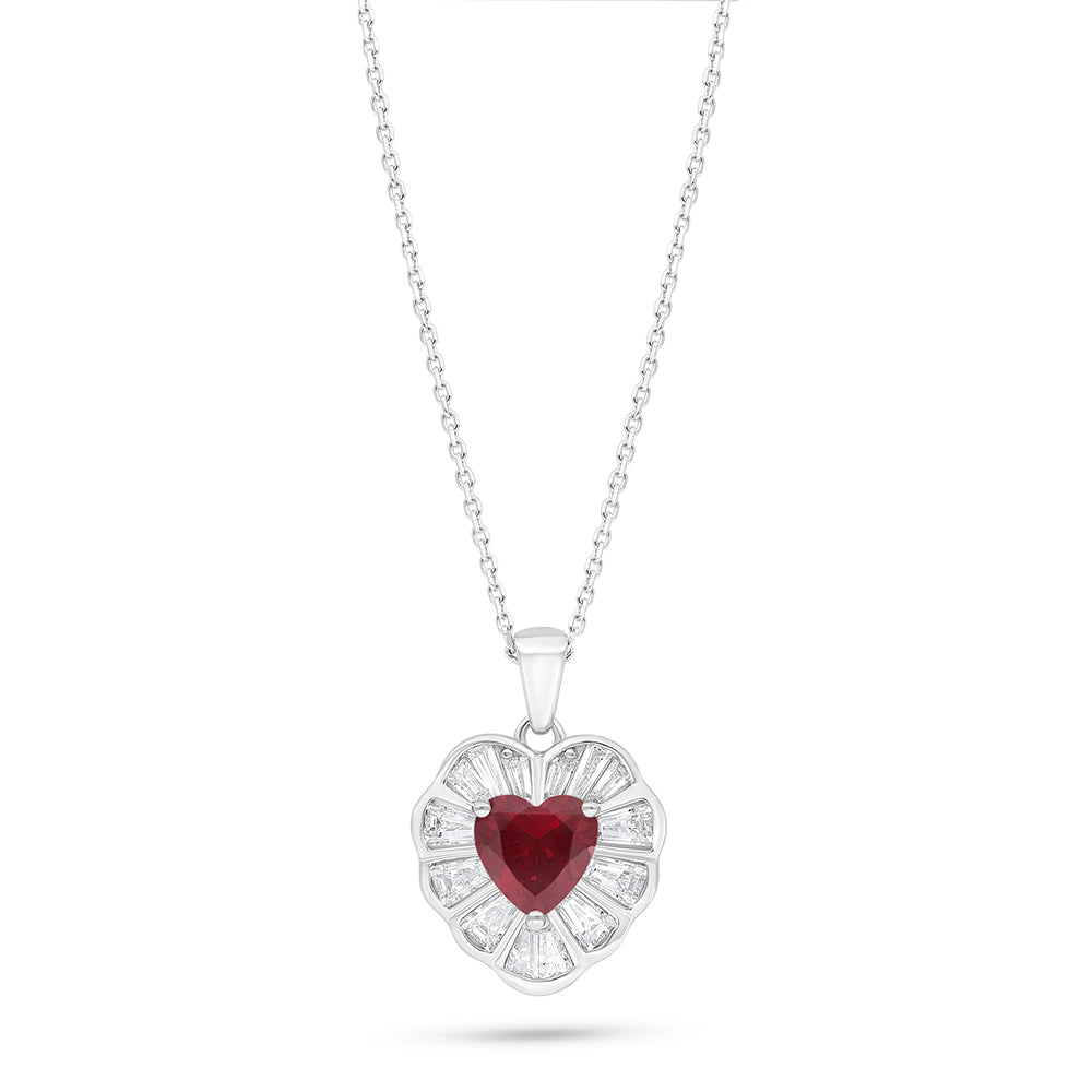 Sterling Silver 925 Necklace Rhodium Plated Embedded With Ruby Corundum And White Zircon