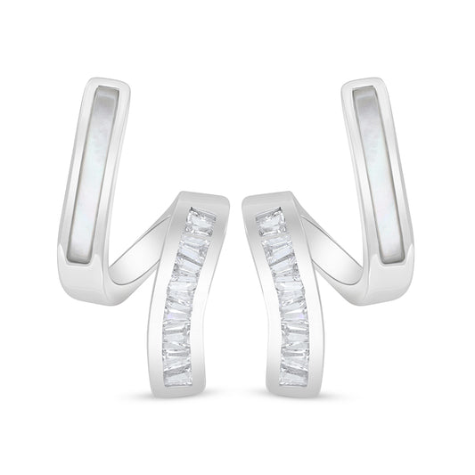 Sterling Silver 925 Earring Rhodium Plated Embedded With White Shell And White Zircon