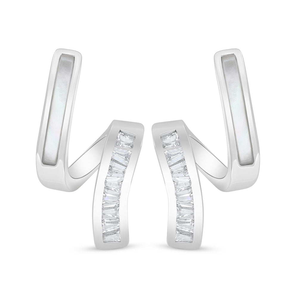 Sterling Silver 925 Earring Rhodium Plated Embedded With White Shell And White Zircon