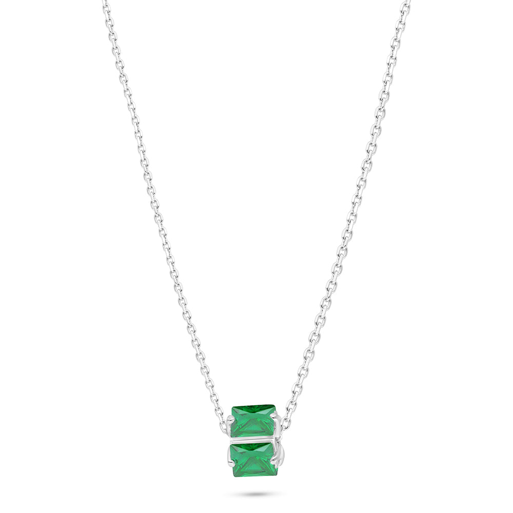 Sterling Silver 925 Necklace Rhodium Plated Embedded With Emerald Zircon
