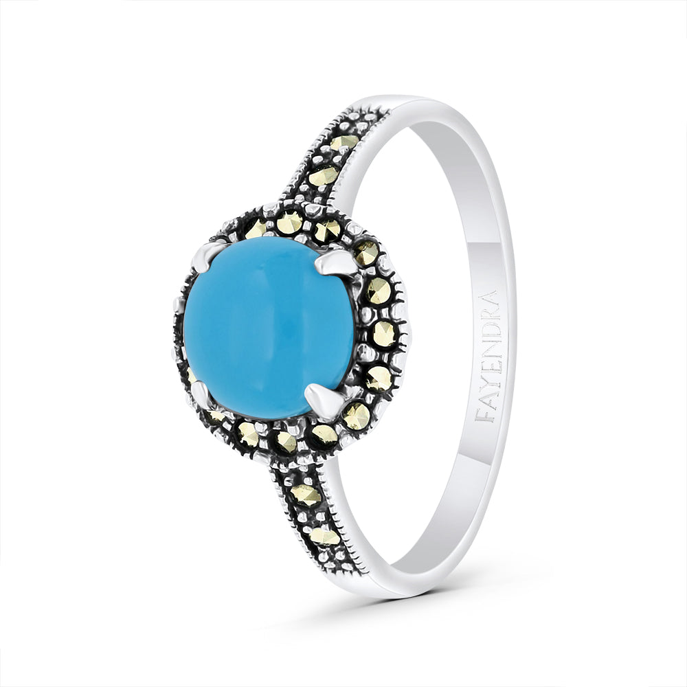 Sterling Silver 925 Ring Embedded With Natural Processed Turquoise And Marcasite Stones