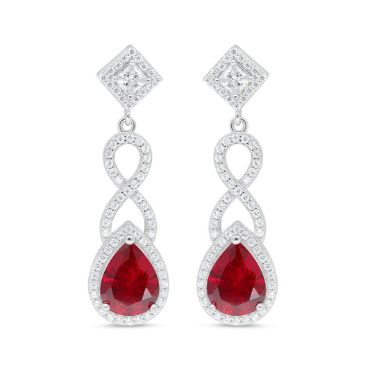 Sterling Silver 925 Earring Rhodium Plated Embedded With Ruby Corundum And White Zircon