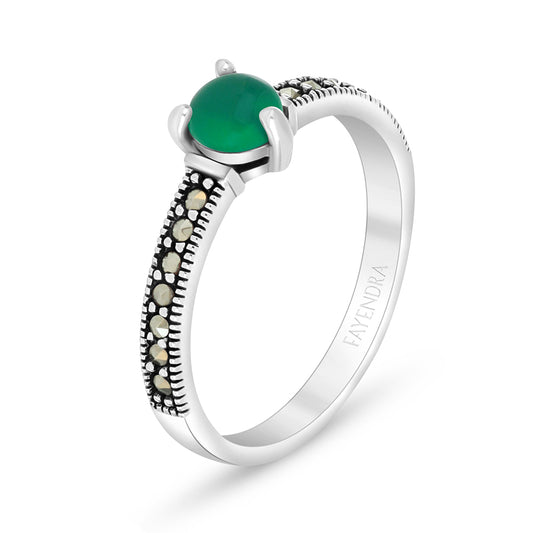 Sterling Silver 925 Ring Embedded With Natural Green Agate And Marcasite Stones