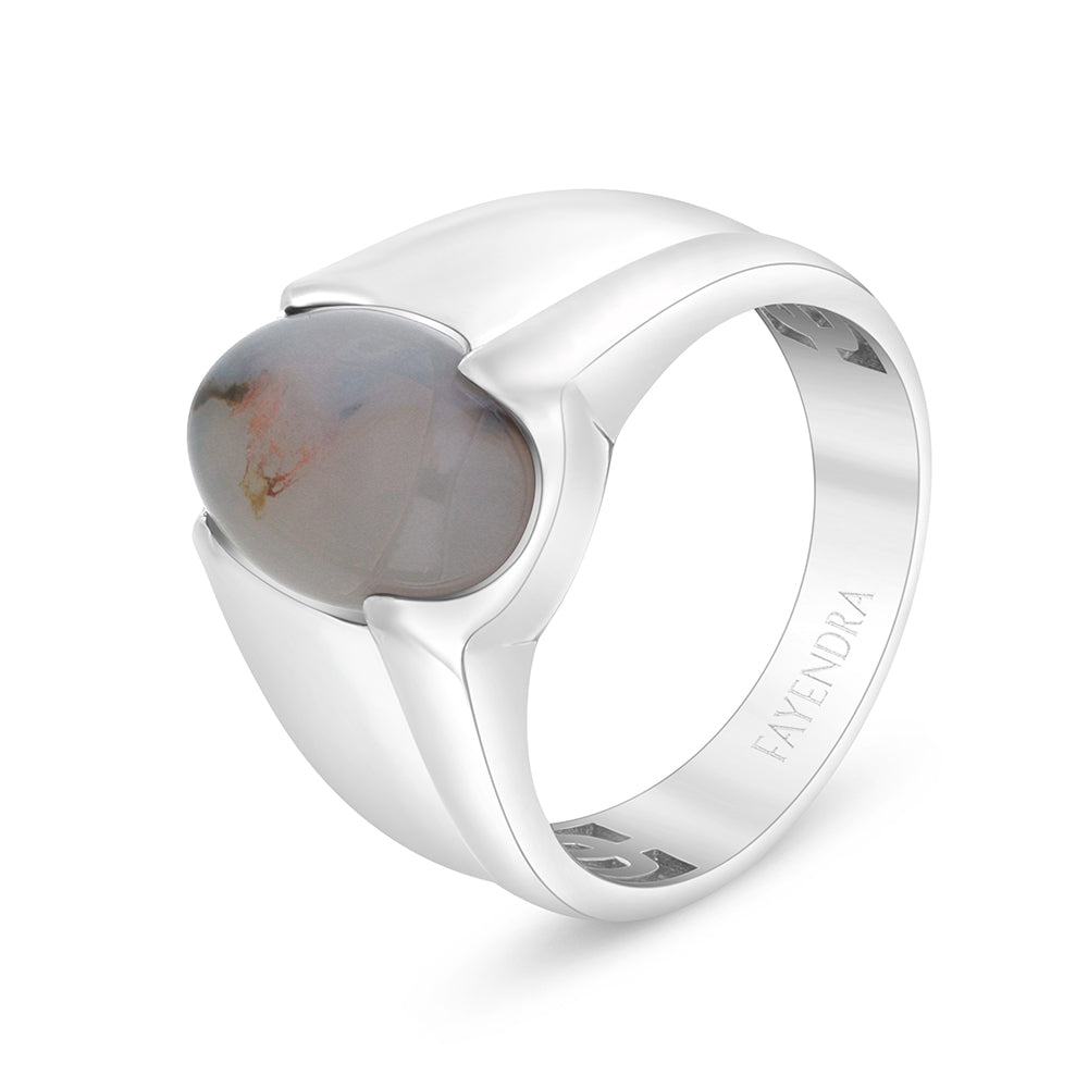 Sterling Silver 925 Ring Rhodium Plated Embedded With Cabochon Natural Agate For Men