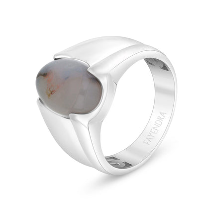 Sterling Silver 925 Ring Rhodium Plated Embedded With Cabochon Natural Agate For Men