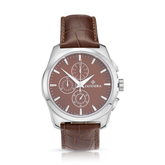 ساعة رجالي ستانلس ستيل عيار L316 بلون فضي جلد بني - مينا حجر صدف ام اللالئ البني