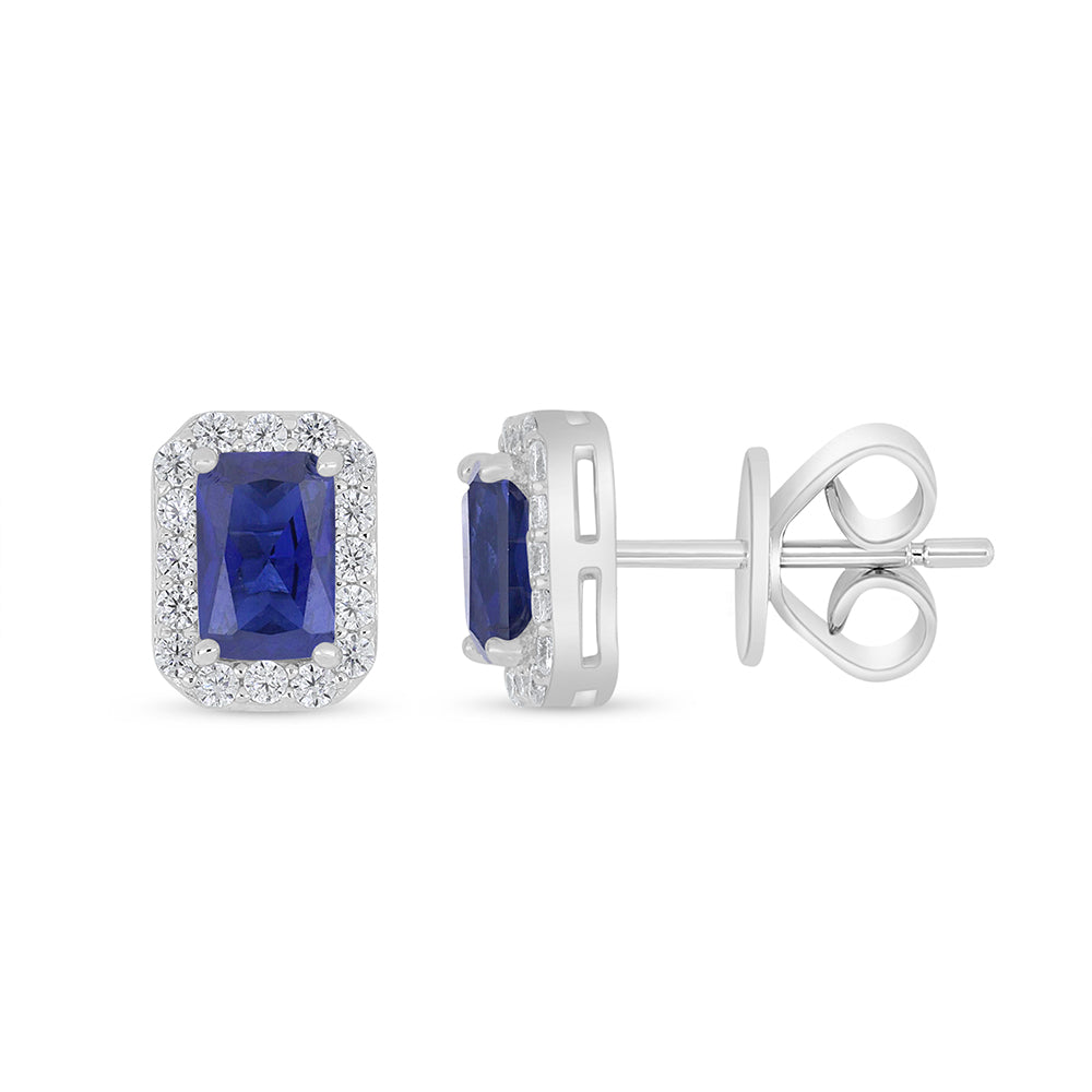 Sterling Silver 925 Earring Rhodium Plated Embedded With Sapphire Corundum And White Zircon