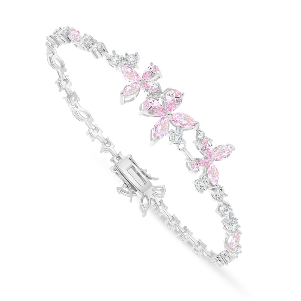 Sterling Silver 925 Bracelet Rhodium Plated Embedded With pink Zircon And White Zircon