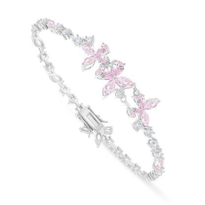 Sterling Silver 925 Bracelet Rhodium Plated Embedded With pink Zircon And White Zircon