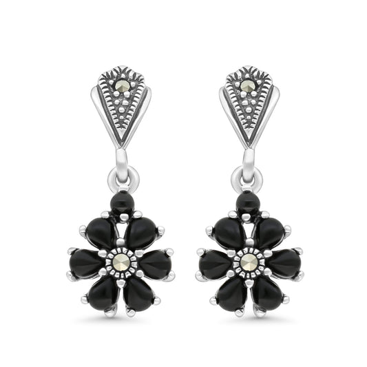 Sterling Silver 925 Earring Embedded With Natural Black Agate And Marcasite Stones
