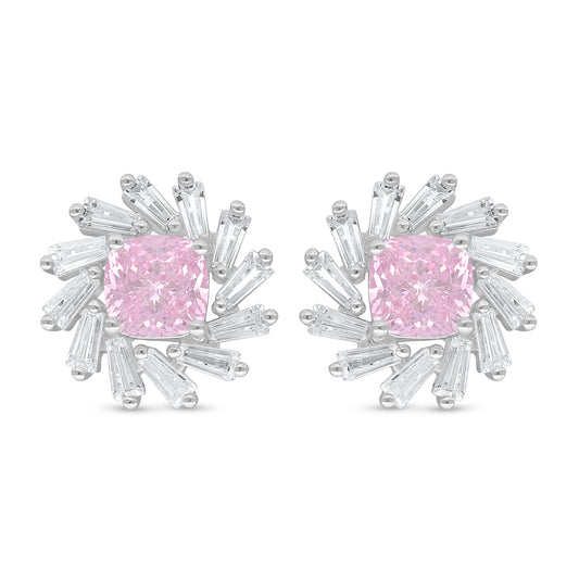 Sterling Silver 925 Earring Rhodium Plated Embedded With Pink Zircon And White Zircon