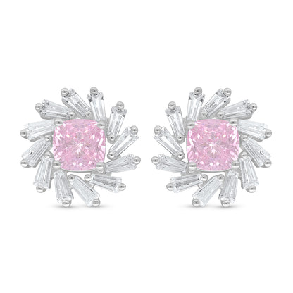 Sterling Silver 925 Earring Rhodium Plated Embedded With Pink Zircon And White Zircon