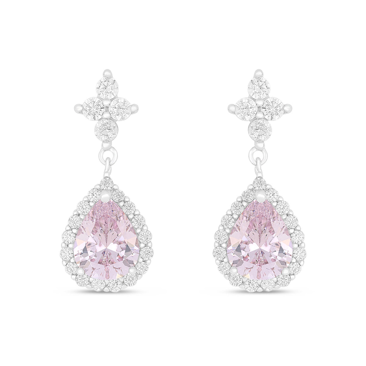 Sterling Silver 925 Earring Rhodium Plated Embedded With Pink Zircon And White Zircon