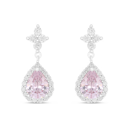 Sterling Silver 925 Earring Rhodium Plated Embedded With Pink Zircon And White Zircon