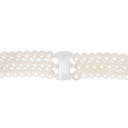 Necklace Of Natural White Pearl (3) Strand, 5.5 - 5 mm Round Beads With A Sterling Silver 925 clasp