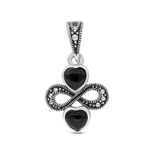 Sterling Silver 925 Pendant Embedded With Natural Black Agate And Marcasite Stones