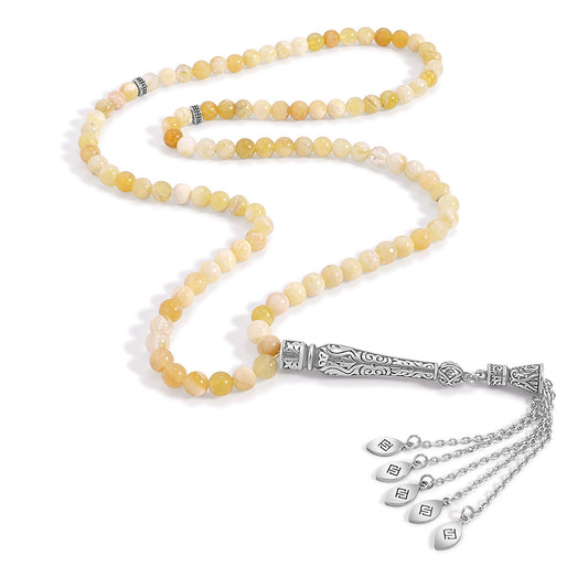 سبحة 100 احجار اوبال اصفر بيلية 6 مل طقم ستانلس ستيل عيار 316L مطلى فضي واسود