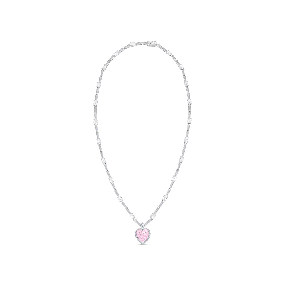 Sterling Silver 925 Necklace Rhodium Plated Embedded With Pink Zircon And White Zircon