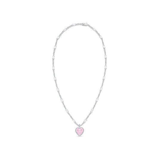 Sterling Silver 925 Necklace Rhodium Plated Embedded With Pink Zircon And White Zircon