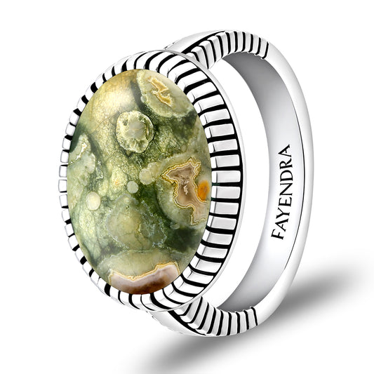 Sterling Silver 925 Ring Rhodium Plated Embedded With RHYOLITE