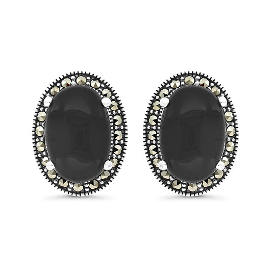Sterling Silver 925 Earring Embedded With Natural Black Agate And Marcasite Stones
