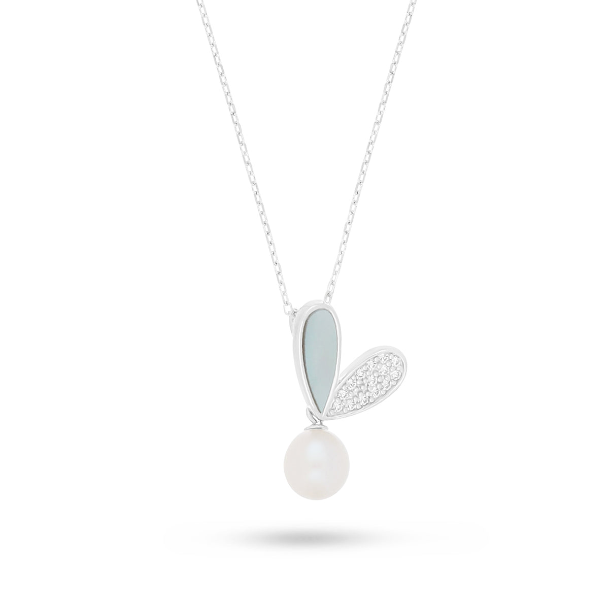 Sterling Silver 925 Necklace Rhodium Plated Embedded With Natural White Pearl, White Shell And White Zircon