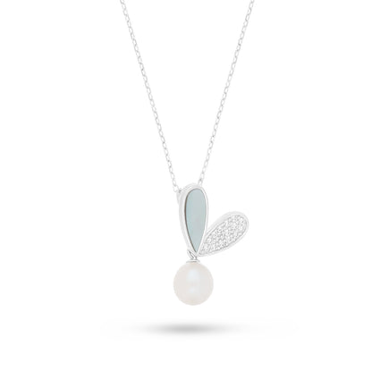 Sterling Silver 925 Necklace Rhodium Plated Embedded With Natural White Pearl, White Shell And White Zircon