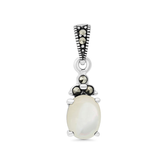 Sterling Silver 925 Pendant Embedded With Natural White Shell And Marcasite Stones