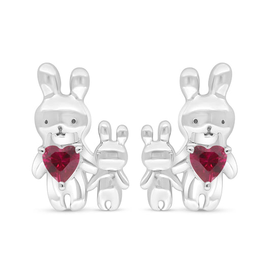 Sterling Silver 925 Earring Rhodium Plated Embedded With Ruby Corundum