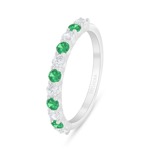 Sterling Silver 925 Ring Rhodium Plated Embedded With Emerald Zircon And White Zircon
