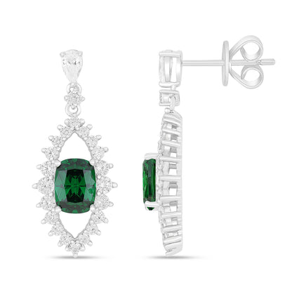 Sterling Silver 925 Earring Rhodium Plated Embedded With Emerald Zircon And White Zircon