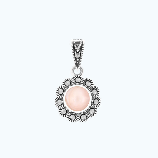 Sterling Silver 925 Pendant Embedded With Natural Pink Shell And Marcasite Stones
