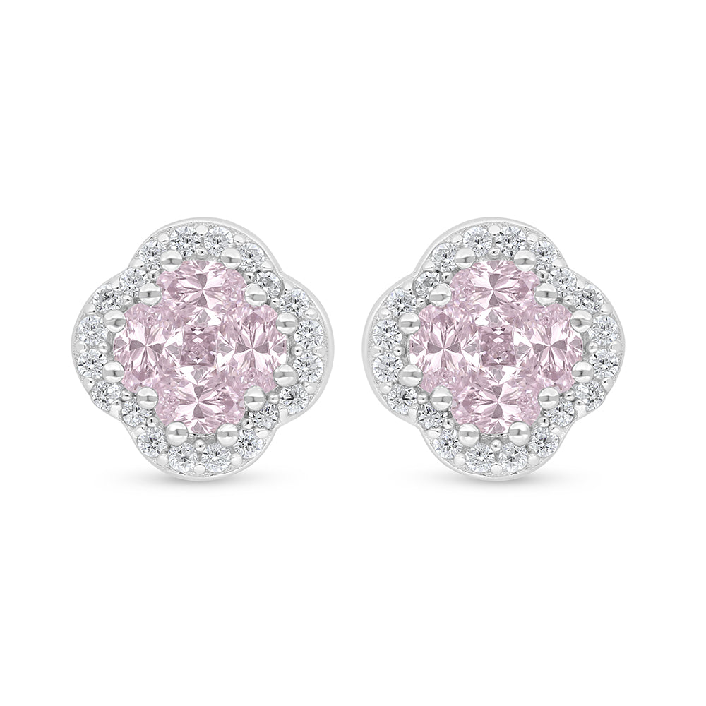 Sterling Silver 925 Earring Rhodium Plated Embedded With Pink Zircon And White Zircon