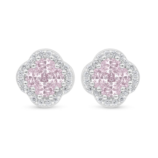 Sterling Silver 925 Earring Rhodium Plated Embedded With Pink Zircon And White Zircon