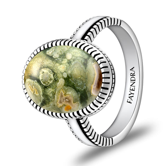 Sterling Silver 925 Ring Rhodium Plated Embedded With RHYOLITE