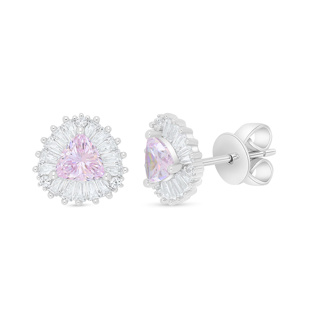 Sterling Silver 925 Earring Rhodium Plated Embedded With Pink Zircon And White Zircon