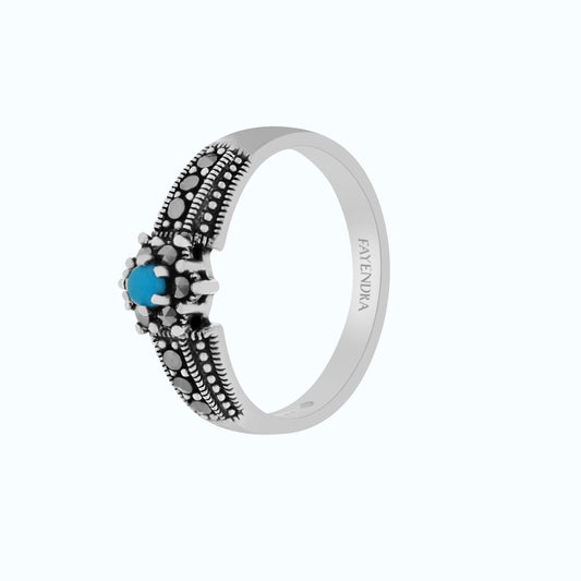 Sterling Silver 925 Ring Embedded With Natural Processed Turquoise And Marcasite Stones