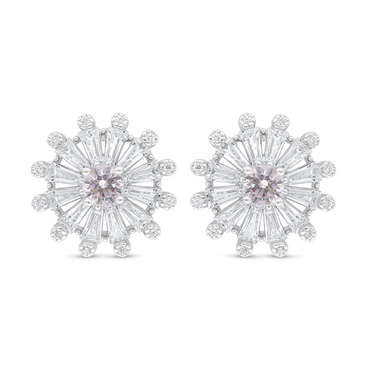 Sterling Silver 925 Earring Rhodium Plated Embedded With Pink Zircon And White Zircon