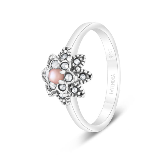 Sterling Silver 925 Ring Embedded With Natural Pink Shell And Marcasite Stones