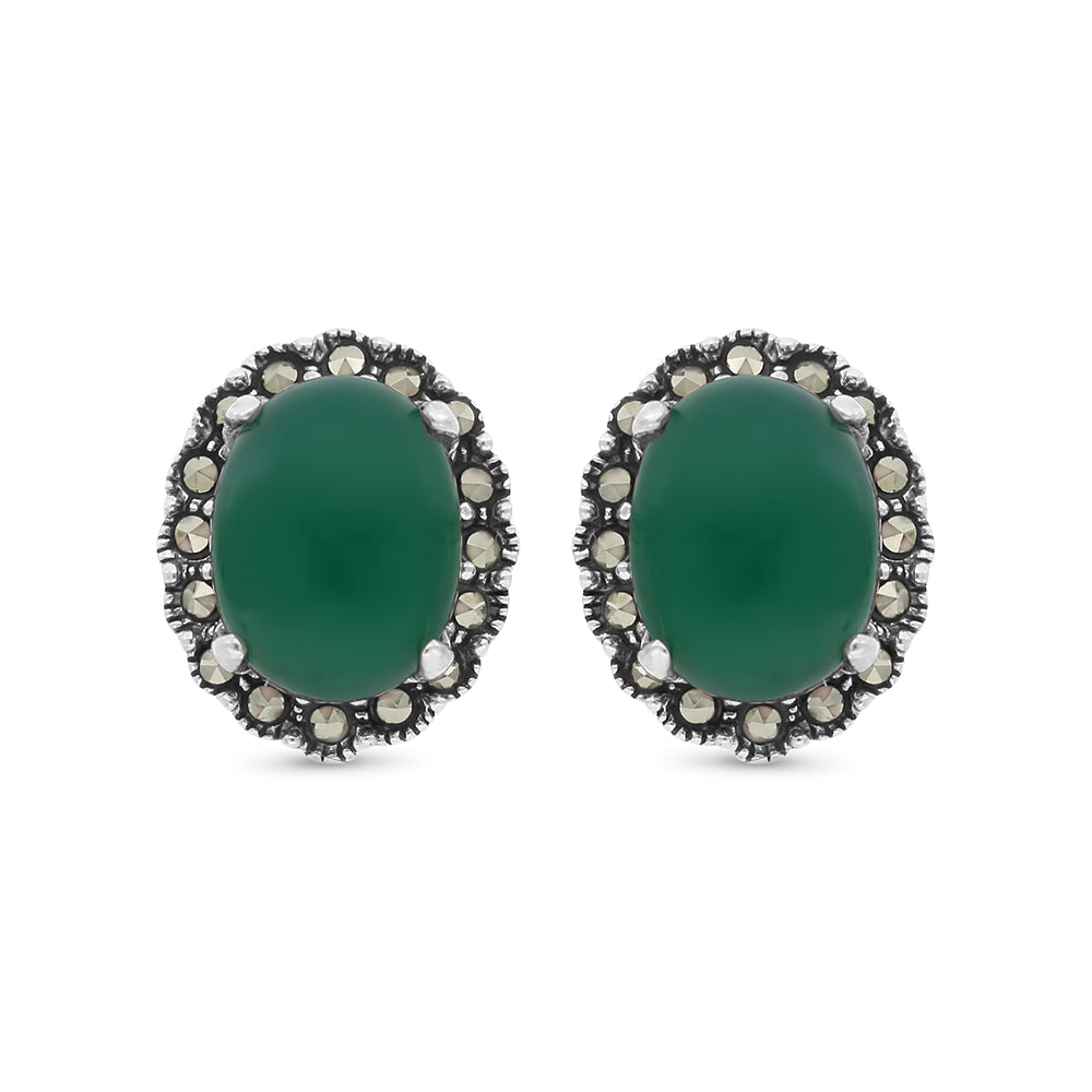 Sterling Silver 925 Earring Embedded With Natural Green Agate And Marcasite Stones