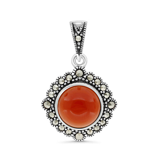 Sterling Silver 925 Pendant Embedded With Natural Aqiq And Marcasite Stones