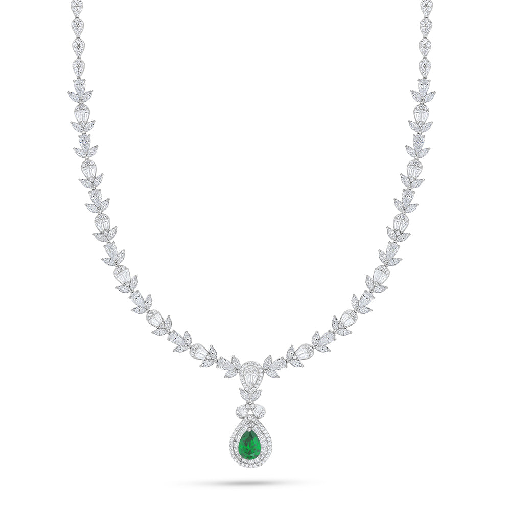 Sterling Silver 925 Set Rhodium Plated Embedded With Emerald Zircon And White Zircon