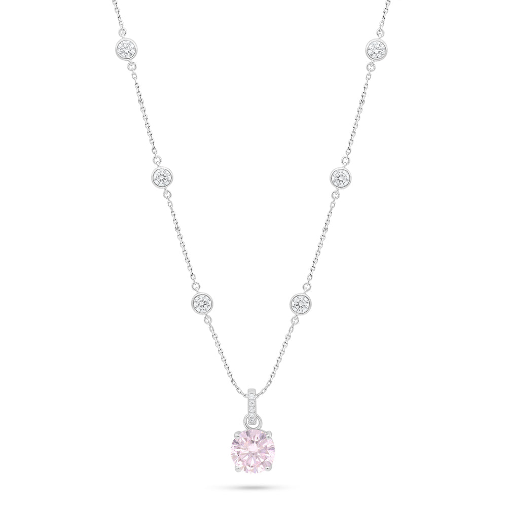 Sterling Silver 925 Necklace Rhodium Plated Embedded With Pink Zircon And White Zircon
