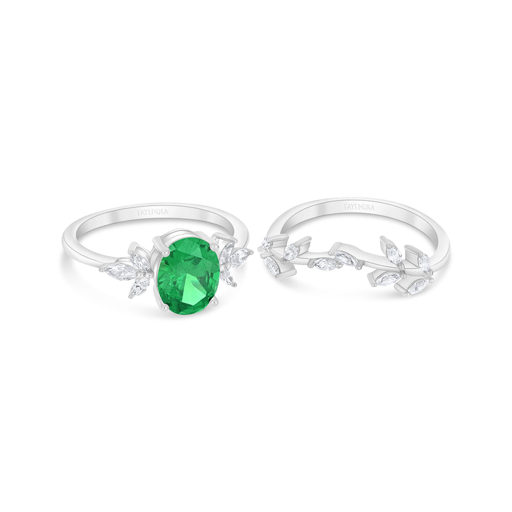 Sterling Silver 925 Ring (Twins) Rhodium Plated  Embedded With Emerald Zircon And White Zircon