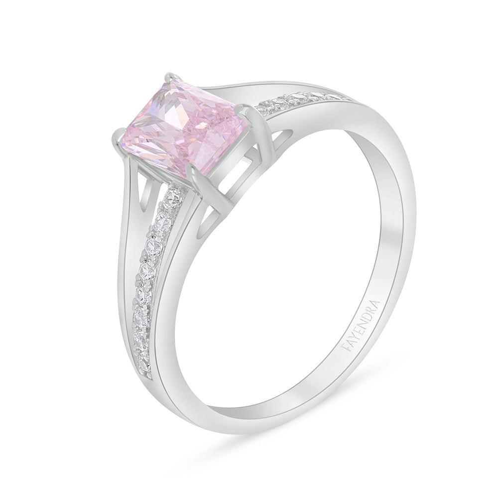 Sterling Silver 925 Ring Rhodium Plated Embedded With Pink Zircon And White Zircon
