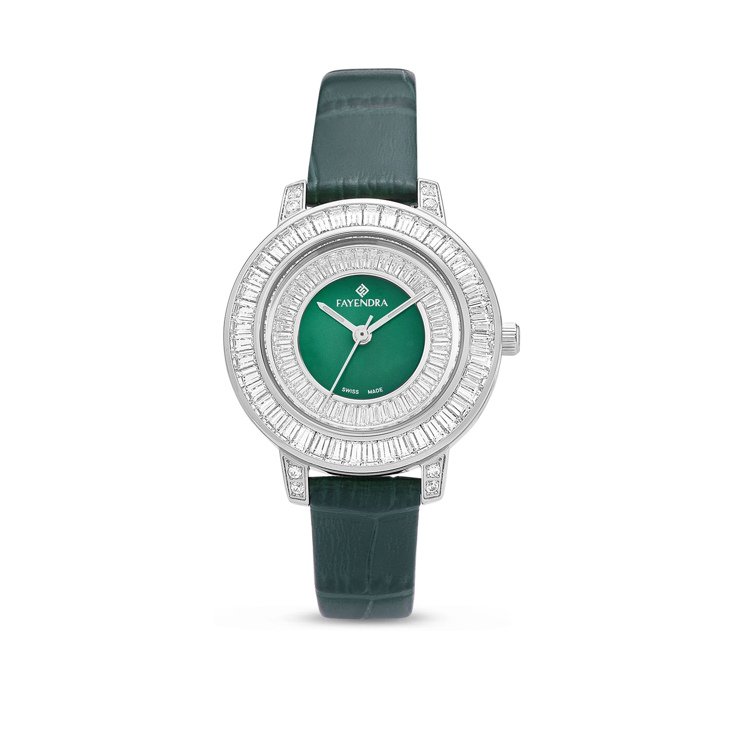 Stainless Steel 316L Watch Silver Color Green Leather Embedded With White Zircon - GREEN MOP DIAL