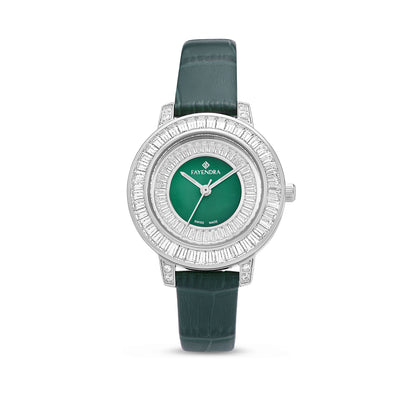 Stainless Steel 316L Watch Silver Color Green Leather Embedded With White Zircon - GREEN MOP DIAL
