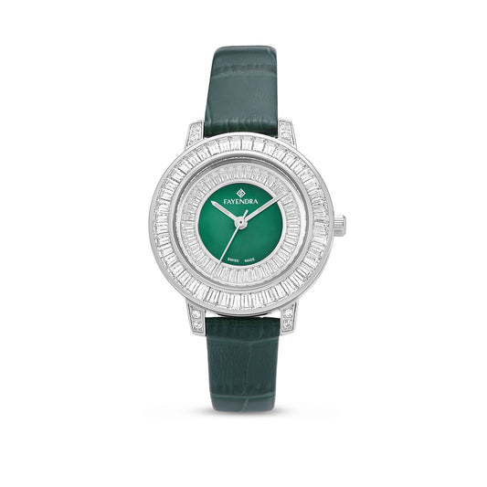 Stainless Steel 316L Watch Silver Color Green Leather Embedded With White Zircon - GREEN MOP DIAL