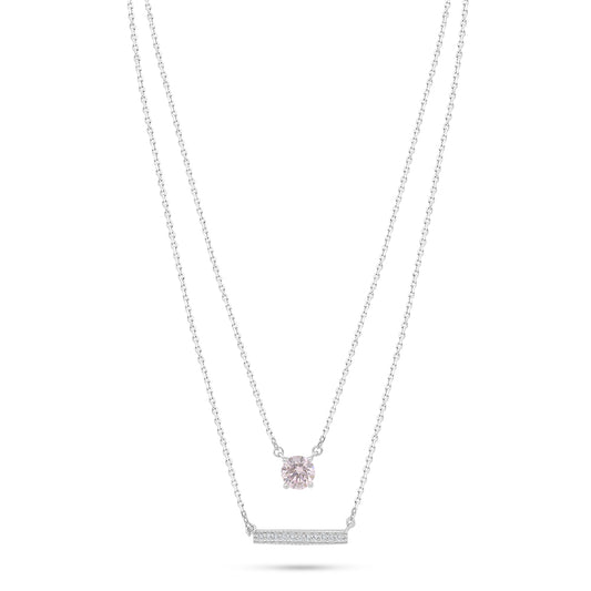 Sterling Silver 925 Necklace Rhodium Plated Embedded With Pink Zircon And White Zircon