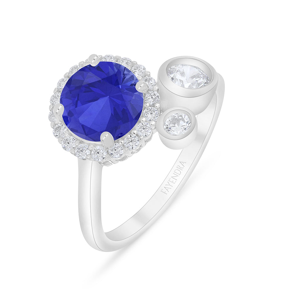 Sterling Silver 925 Ring Rhodium Plated Embedded With Sapphire Corundum And White Zircon